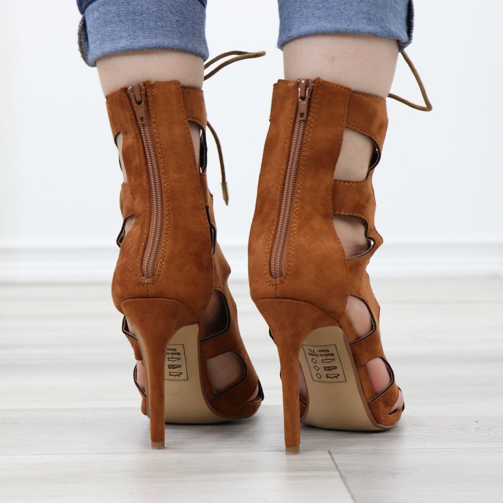 Suede Tan Gladiator Stiletto Needle High Heel Open Toe Bootie - Picture 5 of 11